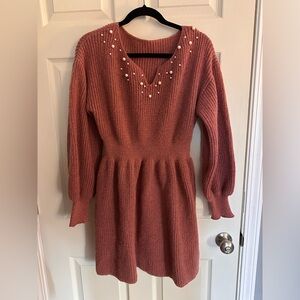 Elegant Pink Knit Dress with Pearl Accents